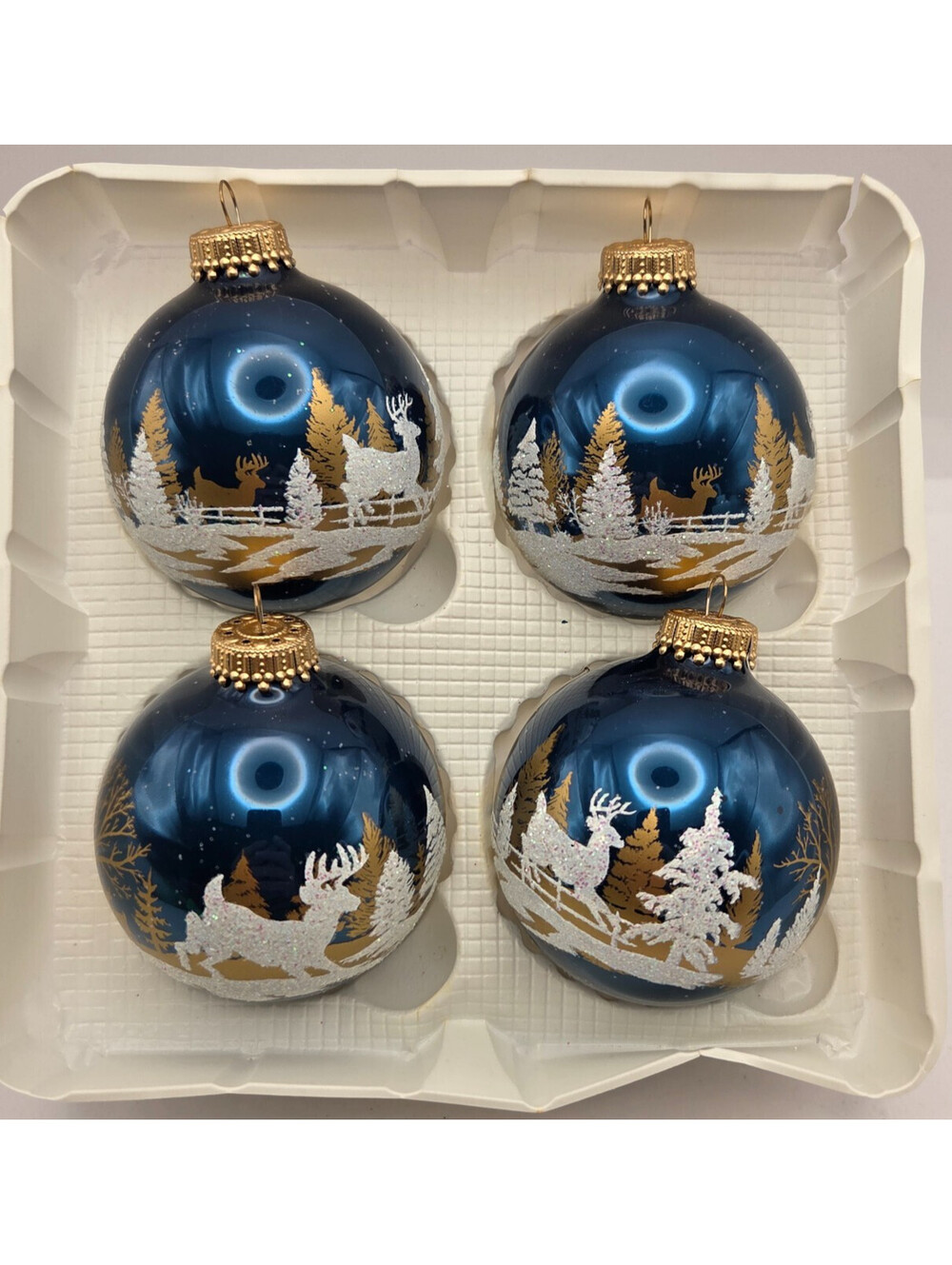 Vintage Christmas by Krebs Blue Deer Glass Ornaments Set of 4 Boxed USA